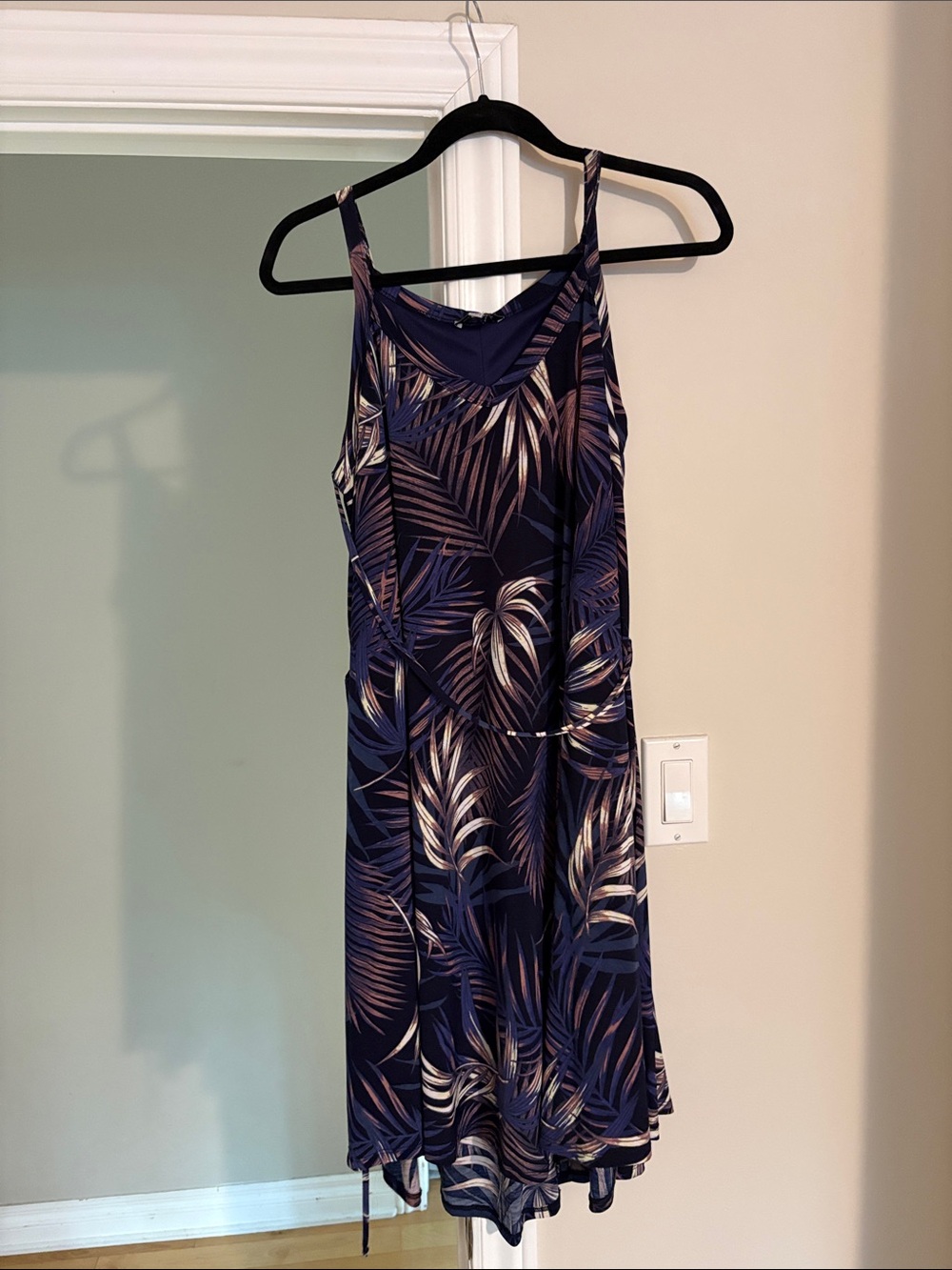 white birch Navy and Beige Palm-Print Midi Dress